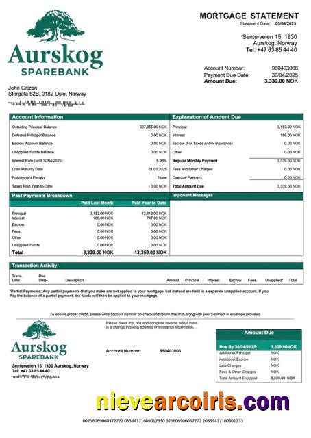 Norway Aurskog Sparebank mortgage statement Word and PDF template